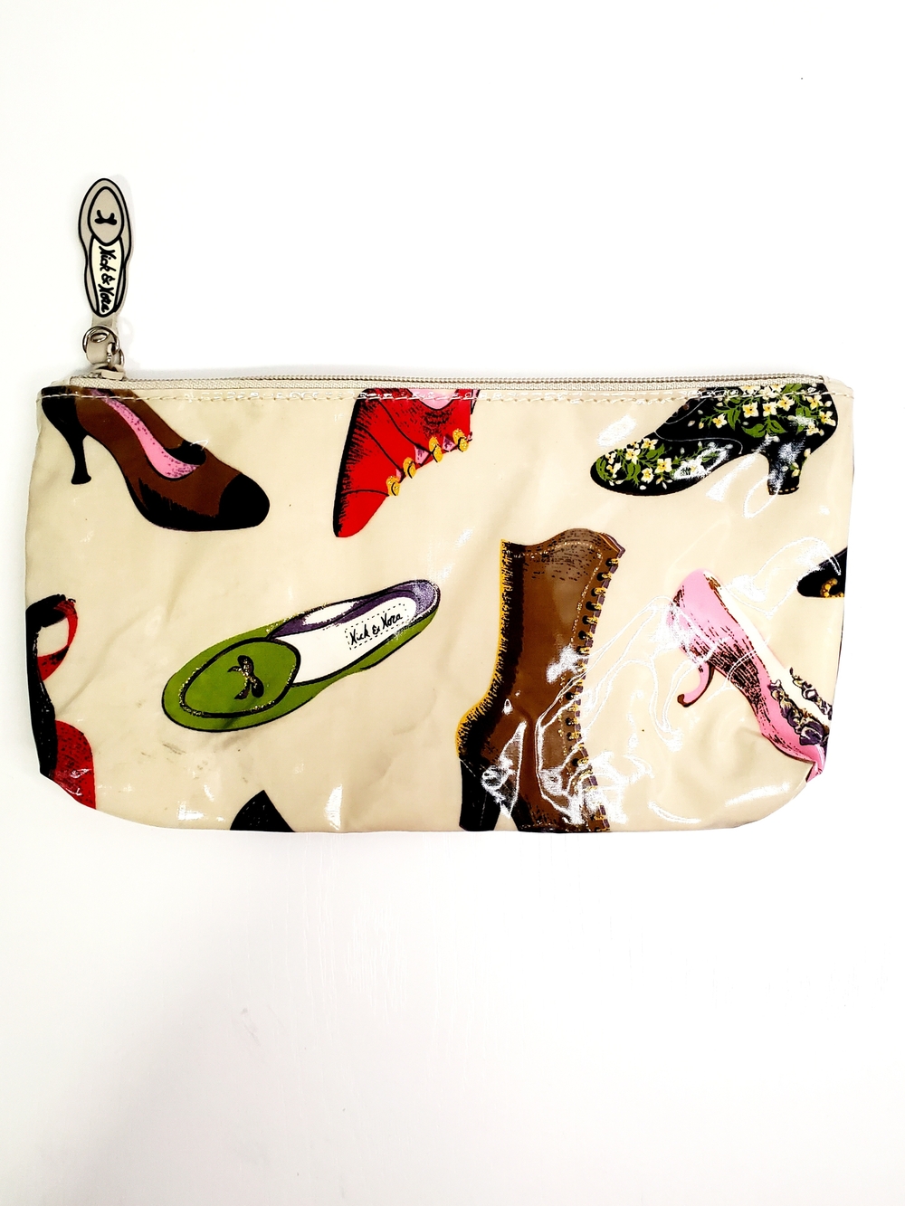 Nick & Nora Beige Patent Shoe-Print Cosmetic Pouch with Multicolor Shoes